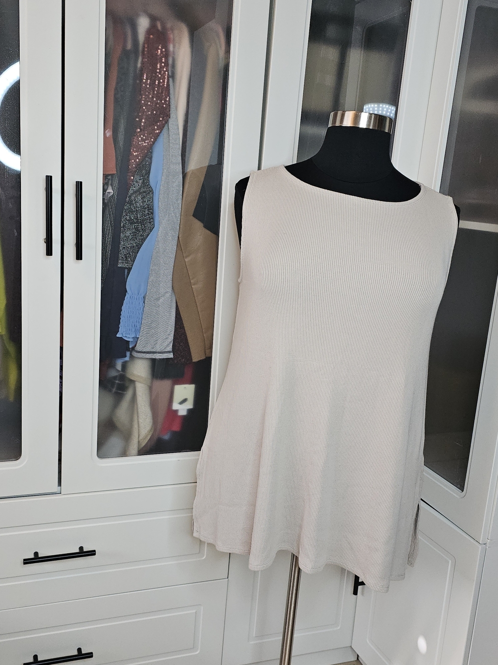 Eileen Fisher Cream Sleeveless Ribbed Swing Tank